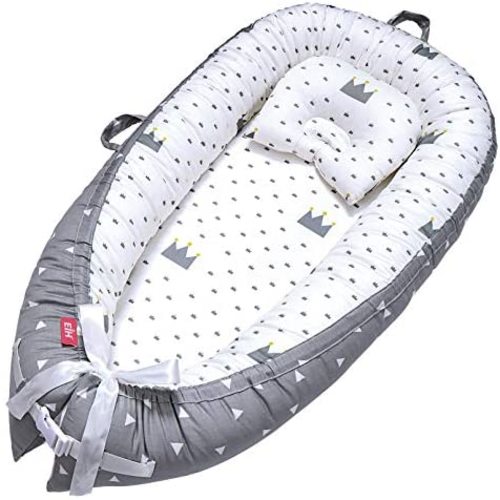 EIH Baby Nest,Baby Lounger Co-Sleeping Baby Bassinet for Bed Newborn Lounger 100% Soft Cotton Breathable and Portable Crib with Pillow Perfect for Traveling and Napping (Crown)