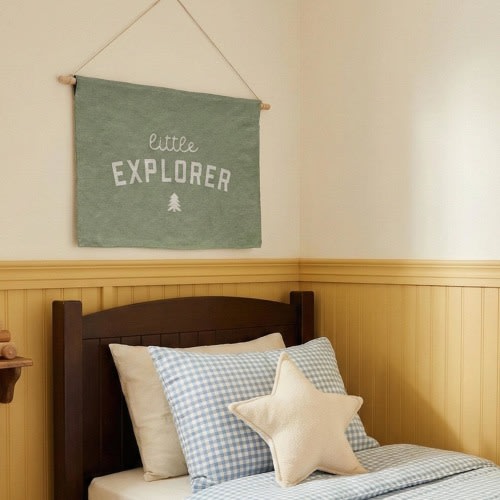 Little Explorer Cotton Tapestry | Camp Themed Woven Nursery & Boys Room Wall Decor | Nature-Inspired Woodland Hanging