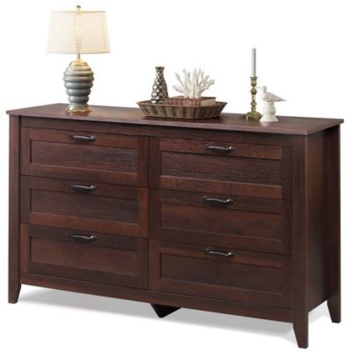 6-Drawer Double Wood Dresser - Large Storage Cabinet with Metal Handles, 53.9"W x 32.3"H, Brown