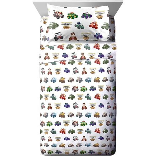 Monster Jam Truckin Pals Toddler Sheet Set - 3 Piece Set Super Soft and Cozy Kid’s Bedding Features Grave Digger & Megalodon - Fade Resistant Microfiber Sheets (Official Monster Jam Product)