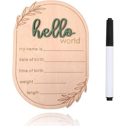 Baby Announcement Sign, 5.91x4.13 Inch Wooden Hello World Newborn Signs, Birth Announcement Sign, Ear of Wheat Decoration, Welcome Newborn Arrival to World, Hospital Nursery for baby (Green,Pen)