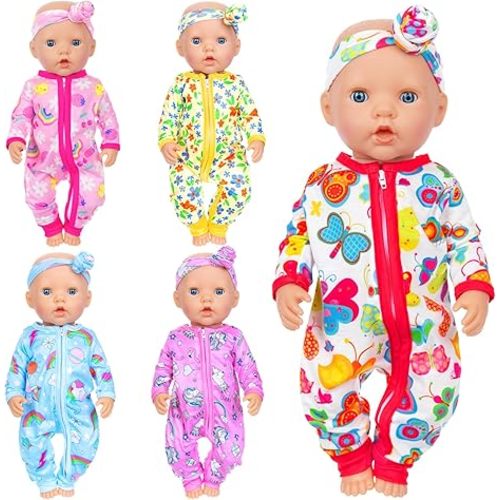 ZITA ELEMENT 5 Sets 14-18 Inch Baby Doll Clothes Outfits Casual Wear with Accessories - 10 Pcs Including Rainbow, Strawberry, Floral, Flamingo, and Butterfly Designs for 14-18 Inch Dolls