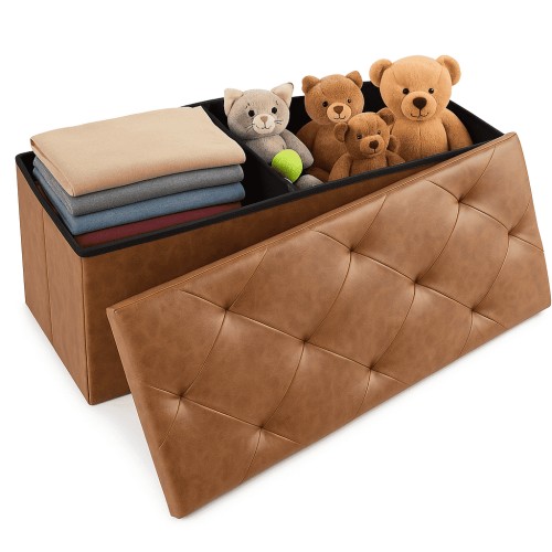 CONCETTA 43" Storage Ottoman – Foldable Faux Leather Stool with Storage, 660 lb Capacity, for Bedroom, Living Room, Entryway, Brown