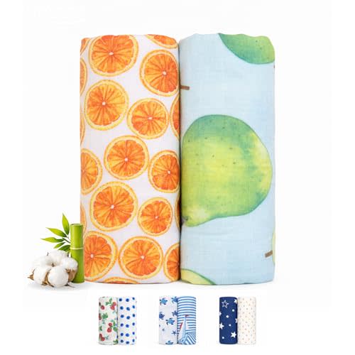 Bamboo Muslin Swaddle Blankets for Newborn – 70% Bamboo Cooling Lightweight Summer Baby Blanket, Oversized 47x47 Breathable Receiving Blankets, 2 Pack – Citrus Garden