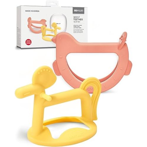 MOYUUM Wrist Teether Gift Set 100% Silicone, Wearable Type Baby Chew Toy Baby Gift for Newborn, Roly Poly Toy, Silicone Teething Toys for Infant and Toddler, Bracelet Type (Bird Orange, Pony Yellow)