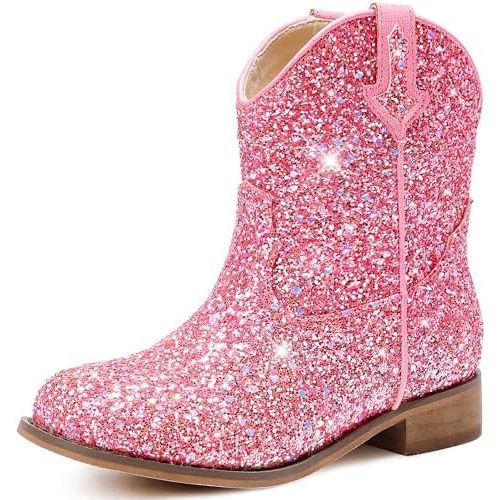 Motasha Toddler Girls Cowgirl Boots Glitter Toddler Cowboy Boot Ankle Girls Boots Little Kids Horse Riding Shoes Party Birthday