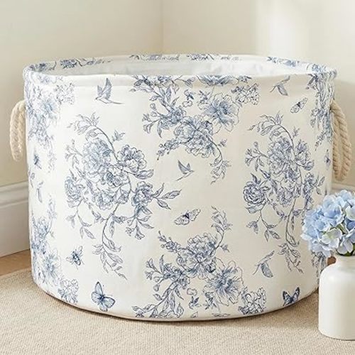 Blue Floral Nursery Bins Boxes for Toys Bbay Girls Clothes Laundry Hamper Basket with Handles Nursery Hamper Toy Box Clothe Organizer Large Capacity (Blue Flower)