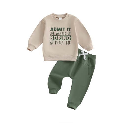 Loicainy Toddler Kids Boy Spring Fall Clothes Set 12 18 24 Months 2T 3T 4T 5T Letter Print Long Sleeve Round Neck Sweatshirt with Solid Color Pants 2Pcs Outfits