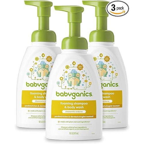 Babyganics Baby Shampoo + Body Wash Pump Bottle, Chamomile Verbena, 16oz, 3 Pack