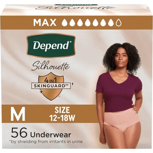 Depend Silhouette Adult Diapers, Incontinence & Postpartum Bladder Leak Underwear for Women, Maximum Absorbency, Medium, Pink, 56 Count (2 Packs of 28), Packaging May Vary