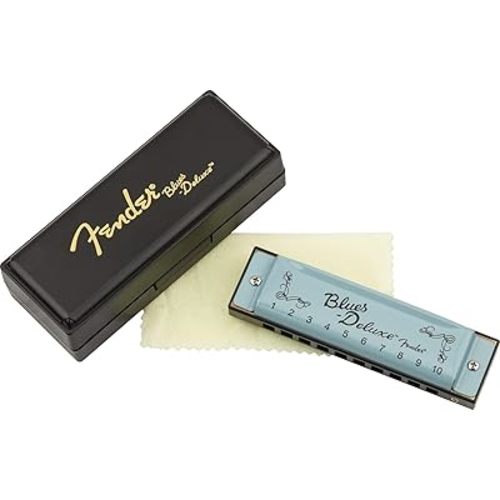 Fender Blues Deluxe Harmonica, Guitar Accessories, Key of C 10 Holes, Includes Hard Plastic Carrying Case, Daphne Blue