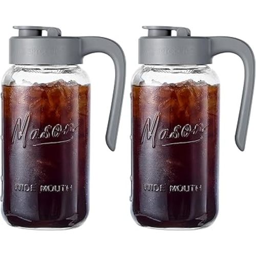 Mason Jar Pitcher - Airtight & Leakproof Glass Pitcher with Lid[set of 2], Perfect for Breastmilk, Cold Brew, and Sun Tea, 2 Quart (64 oz) Mason Jar with Pour Spout Lid