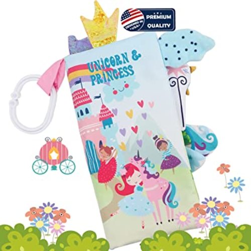 bebe mondo Unicorn Baby Books 0-6 Months Toys 6 to 12 Months, Touch Feel Cloth Crinkle Books for Babies,Infants, Soft Sensory Stroller Toys, Christmas Baby Gifts Shower Items, Chweing Book (Princess)