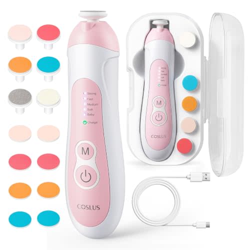 COSLUS C52 Baby Electric Nail File Trimmer, CPC Certified and Quiet Design | Cordless Baby Nail Clipper with 5 Speeds & 6 Grinding Heads for Newborn Infant Toddler, LED Light, Safe Sleep Buffer, Pink