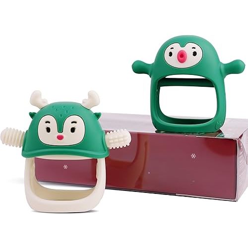 Smily Mia Baby Christmas Stocking Stuffers, Baby Teething Toys丨Penguin Teether for 0-6M, Reindeer Chew Toys for 3-6M,Teething Mittens for 6-12M Babies, My First Christmas Gift, Pine Green