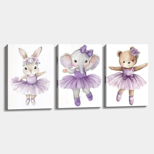 Nursery Canvas Wall Art 3 Piece Bunny Elephant Bear with Purple Skirts Picture Cute Animal in Dance Painting Prints for Kids Room Living Room Wall Decor Framed(Art-1,11.00"x14.00"x3P)