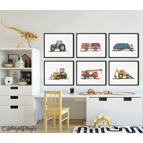 Set of 6 Construction Vehicle Art Prints, Kids Gallery Wall Set, Transportation Truck Wall Art, Toddler Boy Room, Tractor, Fire Truck, Crane
