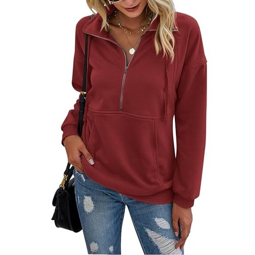 PRETTYGARDEN Women's Casual Long Sleeve Lapel Zipper Sweatshirt Drawstring Loose Pullover Tops