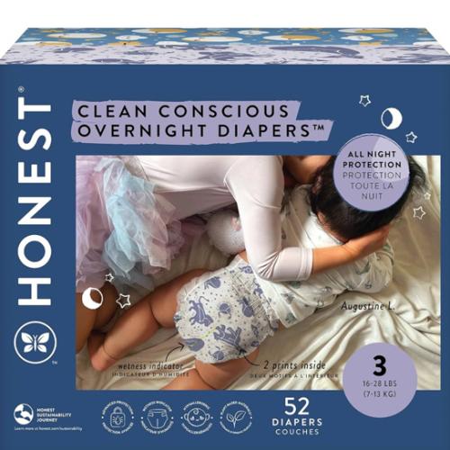The Honest Company Clean Conscious Overnight Diapers for Sensitive Skin | Hypoallergenic, Fragrance Free | Cozy Cloud + Star Signs | Club Box, Size 3 (16-28 lbs), 52 Count