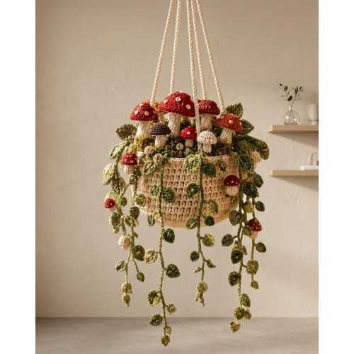 Crochet Mushroom Plant, Handmade Hanging Forest Basket, Cottagecore Decor, Woodland Gift, Fantasy Room Decoration