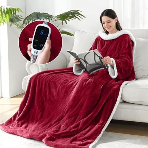 Sealy Wearable Electric Blanket with Foot Pocket, 50"x70"+18", Red
