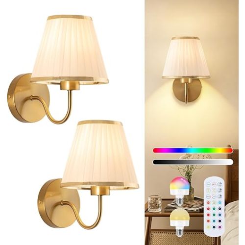 ADISUN Battery Operated Wall Sconce Set of 2, Gold Wall Lamps Rechargeable Bulbs for Living Room, Silk Shade Wireless Wall Lights for Bedroom Living Room Hallway Kitchen(2 Bulbs Included)