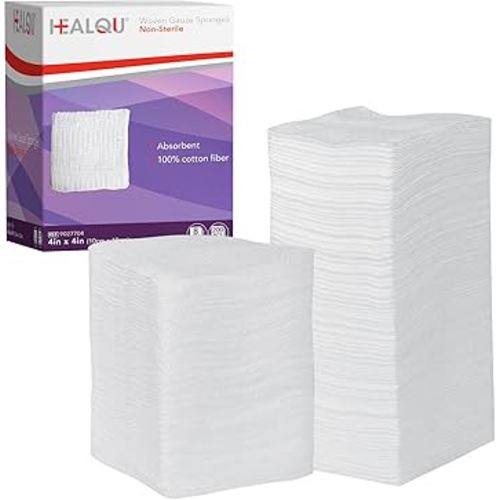 HEALQU 4x4 Gauze Pads - 12 Ply Woven Pack of 200 - Ultra Absorbent Soft Non-Sterile Surgical Sponges for Wound Dressing, Debridement, Cleaning and Prepping