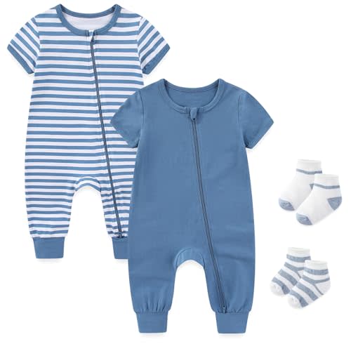 falianni Baby Unisex Rompers 0-18M Short Sleeve Zipper | Footless New Born Unisex Clothes,2-Way Zipper for Easy Diaper Change,2-Pack Rompers with Matching Baby Socks,Machine‑Washable