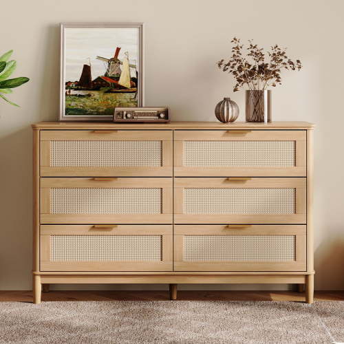 Linsy Home Rattan Dressers for Bedroom, Wide Chest of 6 Drawers, Oak