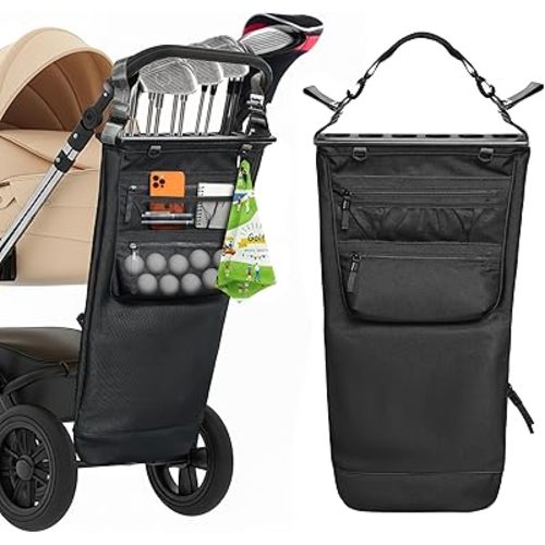 Stroller Golf Caddy,Golf Bag Attach to Stroller with Side Pockets,Shoulder Strap & Hooks for Towel Gloves,Lightweight Foldable Golf Organizer for Family Outdoor Golf,Stroller Golf Accessory