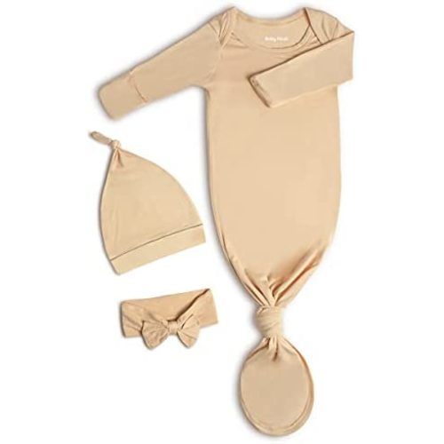 Knotted Gown Baby Newborn Hospital Outfit, Modal Infant Sleeper Gowns with Mittens, Bow and Hat Set, Nightgowns 0-3 Months