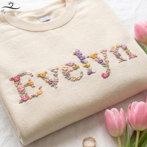 Embroidered Custom Floral Name Sweatshirts, Personalized Name Gift, Cute Girl Name Shirts, Birthday Kids Shirt, Flower Girls Gift