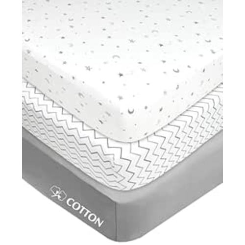American Baby Company 3 Pack 100% Natural Cotton Fitted Mini Crib Sheets 38" x 24" - Soft & Breathable Small Nesting Portable Sheets, Fits Pack N Play Mattresses, Gray Star/Zigzag, for Boys & Girls
