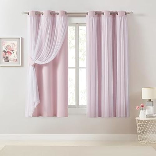 Bujasso Pink Blackout Curtains with Sheer Overlay Mix and Match Double Layer 80% Room Darkening Window Treatment Set for Girls Bedroom Living Room Pink Drapes with Tiebacks Grommet Top 37" Wx63 Lx2