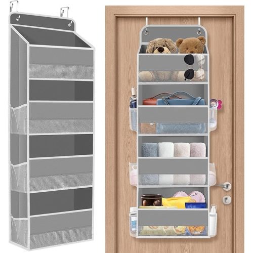 1 Pack Over The Door Organizer, Hanging Storage Organizer with Clear Window, 40lb Ultra Sturdy Large Capacity Room Organizer for Pantry Laundry Bathroom Nursery Closet Baby Essential (Grey)