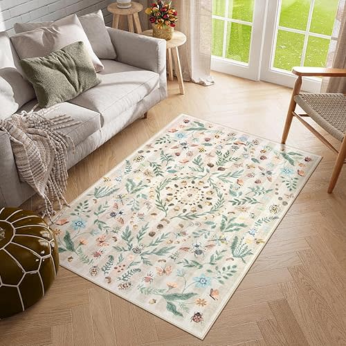 Lahome Insect Botanical Washable Beige 5x7 Area Rugs for Living Room, Non Slip Rugs for Bedroom, Boho Indoor Throw Dining Room Rugs for Under Table Carpet for Entryway Kitchen Office(Beige,5x7)