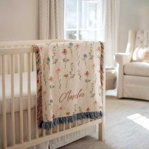 Personalized Baby Name Blanket Custom Wildflower Girl Nursery Decor Floral Farmhouse Garden Heirloom Toddler Gift Ideas Baby Shower for Girl