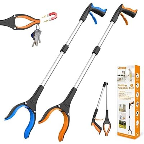 REWKCY 32" Grabber Reacher Tool, 2-Pack Foldable Reacher Grabber Pickup Tool with 360° Rotating Jaw & Magnet, Trash Picker Upper Grabber, Lightweight Grabbers for Seniors Heavy Duty