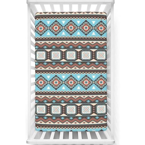 Aztec Themed Fitted Mini Crib Sheets,Portable Mini Crib Sheets Soft Toddler Mattress Sheet Fitted-Baby Crib Sheets for Girl or Boy, 24“ x38“,Brown Pale Peach Salmon Pale Sky Blue