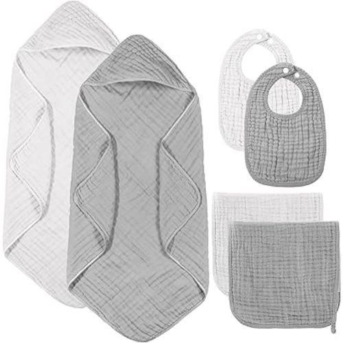 6 Pcs Muslin Hooded Bath Towels Washcloths and Bibs Set, Muslin Cotton Baby Towels Absorbent Hooded Blanket Towel Infant Bibs for Boys Girls Newborn Infant Essentials(White, Light Gray)