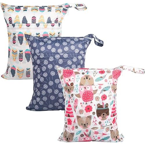 babygoal Wet Dry Bags for Baby Cloth Diapers, Washable Travel Bags, Beach, Pool, Gym Bag for Swimsuits & Wet Clothes with Two Zippered Pockets 3 Pack, 3LN11