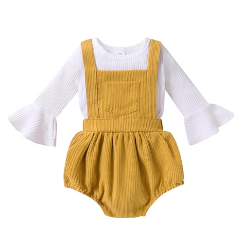 Newborn Baby Girl Clothes Bell Sleeve Romper and Corduroy Overalls Shorts Infant Girl Fall Outfits