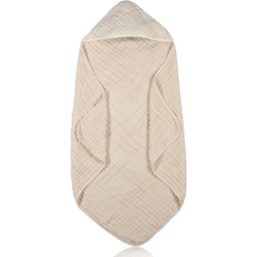 Peryiter Muslin Hooded Baby Towels,32"x 32" Cotton Newborn Bath Towel Muslin Infant Baby Blankets Absorbent Unisex Newborn Registry Gift for Girls Boys (Beige)