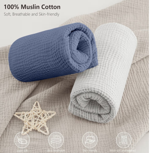 Bearmoss Muslin Crib Sheets 100% Cotton Baby Crib Sheets Fitted for Standard Crib Mattress & Toddler Bed Mattress 52"x28" Soft Breathable Crib Sheet Neutral for Boys Girls - 2 Pack (Blue Elephant)