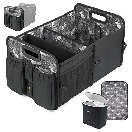Car Trunk Organizer with Cooler Lid - Front Back Seat Belt | Bottle, Wipes Plastic Bag Pocket |Baby Diaper Caddy Organizer Changing Pad Station | SUV Backseat Car Organizer Kids Babies Storage Basket