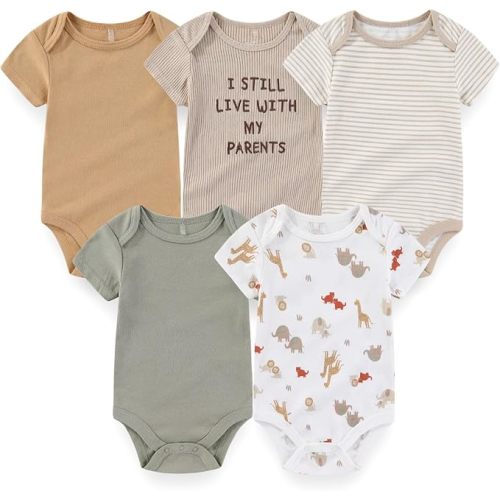 Newborn Baby Unisex Cotton One-Piece Bodysuits 5-Pack Short Sleeve Soft Baby Gift Clothes for Boys Girls
