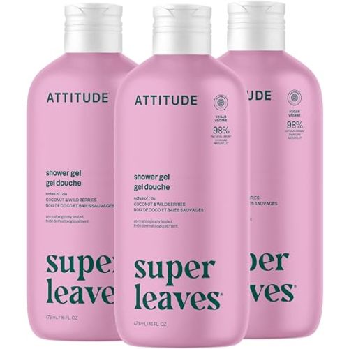 ATTITUDE Body Wash, EWG Verified Shower Gel, Dermatologically Tested, Plant and Mineral-Based, Vegan Personal Care Products, Coconut & Wild Berries Scent, 16 Fl Oz (Pack of 3)
