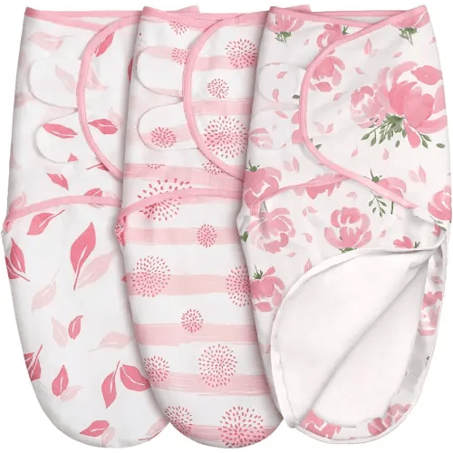 GLLQUEN BABY Baby Swaddle Sleep Sacks with Zipper - 3-Pack Newborn Swaddling Sack, Baby Swaddles Sleep Sack 0-3 Months,Pink Floral or Leaves, Swaddling Blankets 3 Pack Wrap Set, Easy Change Swaddle