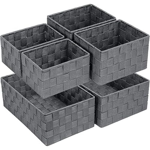 Posprica Woven Storage Baskets for Organizing 6 Pack, Large&Small Storage Cube Bins Set for Bathroom, Storage Boxes Container for Drawer, Closet, Shelf, Dresser, Dark Grey