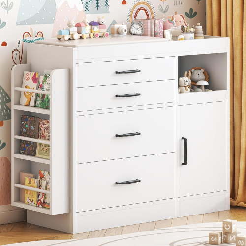 Winkalon Changing Table Dresser, Baby Nursery Dresser with 4 Drawers & 1 Cabinet & 3 Open Shelves Storage, Modern Diaper Changing Station for Children's Room, Changing Pad Included, White